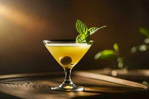 a cocktail with a green olive garnish. AI-Generated photo