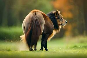 a horse with long hair walking in the grass. AI-Generated photo