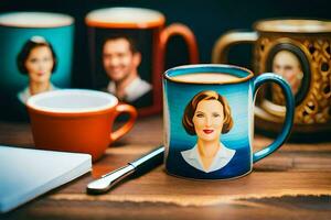 a coffee mug with a picture of a woman on it. AI-Generated photo