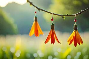 orange flowers hanging from a branch in a field. AI-Generated photo