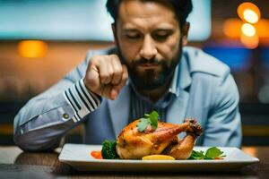 a man is eating a chicken on a plate. AI-Generated photo