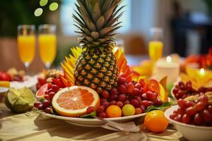 tropical frutas esmeradamente arreglado como vibrante nuevo año mesa decoración foto