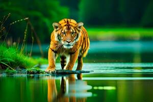 un Tigre caminando a través de un río en el bosque. generado por ai foto