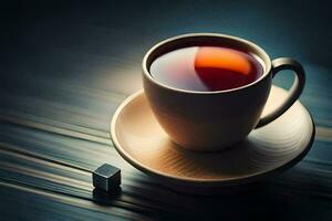 un taza de té en un de madera mesa. generado por ai foto