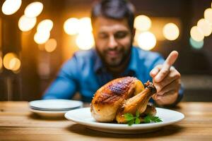 a man is holding a chicken on a plate. AI-Generated photo