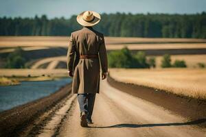 un hombre en un sombrero camina abajo un suciedad la carretera. generado por ai foto