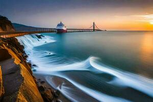 a long exposure photograph of a boat on the ocean at sunset. AI-Generated photo