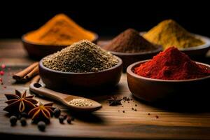 spices in bowls on a wooden table. AI-Generated photo