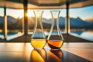 two wine glasses with a sunset in the background. AI-Generated photo