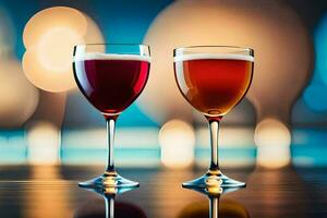 two glasses of wine on a table with blurred lights. AI-Generated photo