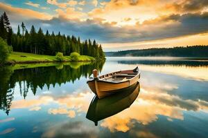 un barco es flotante en el calma agua. generado por ai foto