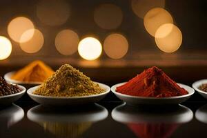 five different types of spices in bowls. AI-Generated photo