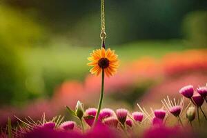 a single flower hanging from a string in a field. AI-Generated photo