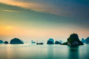 halong bahía, Vietnam, atardecer, barcos, atardecer, Vietnam, v. generado por ai foto