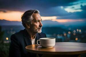 un hombre sentado a un mesa con un taza de café. generado por ai foto