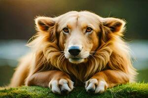 un dorado león tendido en el césped. generado por ai foto