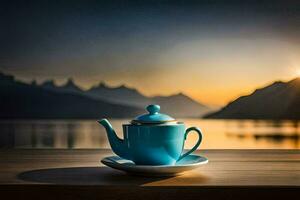 a blue teapot on a wooden table in front of a lake. AI-Generated photo