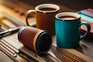 two coffee cups sit on a table with a book. AI-Generated photo