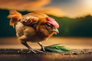 a chicken walking on the ground with a plant in its beak. AI-Generated photo