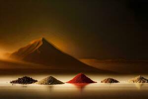 five different spices are shown in front of a mountain. AI-Generated photo