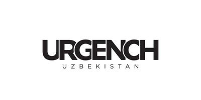 Urgench in the Uzbekistan emblem. The design features a geometric style, vector illustration with bold typography in a modern font. The graphic slogan lettering.