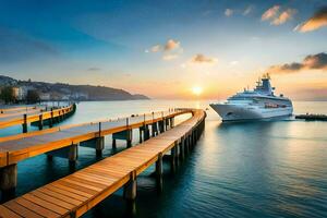 a cruise ship docked at the pier at sunset. AI-Generated photo