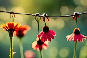 flowers hanging from a wire. AI-Generated photo