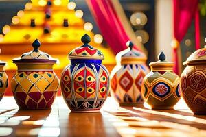 many colorful vases are lined up on a table. AI-Generated photo