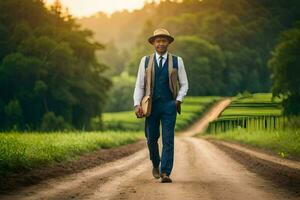 a man in a suit and hat walking down a dirt road. AI-Generated photo