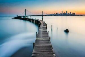 a long exposure photograph of a pier in the water with the city skyline in the background. AI-Generated photo