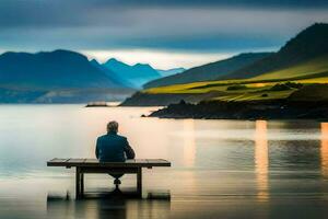 un hombre se sienta en un banco con vista a el Oceano y montañas. generado por ai foto