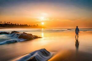 un hombre caminando en el playa a puesta de sol. generado por ai foto