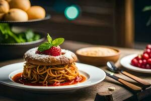 a plate of spaghetti with a strawberry on top. AI-Generated photo