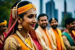 un novia en tradicional indio atuendo con su damas de honor generado por ai foto