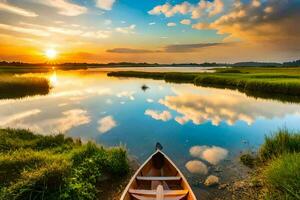 un canoa en el agua a puesta de sol. generado por ai foto