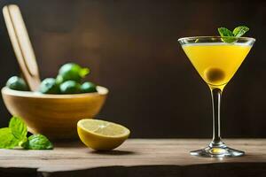 a cocktail with lemon and mint on a wooden table. AI-Generated photo