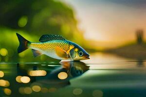 pescado en el agua con un puesta de sol antecedentes. generado por ai foto