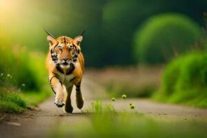 un Tigre corriendo en un la carretera en el medio de un campo. generado por ai foto