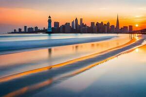 el ciudad horizonte es reflejado en el agua a puesta de sol. generado por ai foto