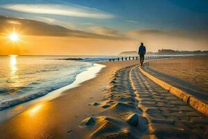 a man walks along the beach at sunrise. AI-Generated photo