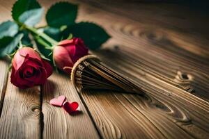 two roses and an umbrella on a wooden table. AI-Generated photo