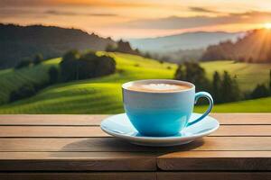 café taza en el mesa en el campo. generado por ai foto