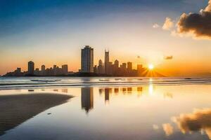 el Dom conjuntos terminado un ciudad horizonte en un playa. generado por ai foto