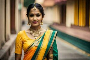 un mujer en un amarillo sari con verde y oro joyas. generado por ai foto