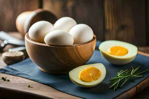 a bowl of eggs and a knife on a cutting board. AI-Generated photo