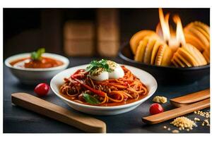 espaguetis con tomate salsa y huevo en un lámina. generado por ai foto