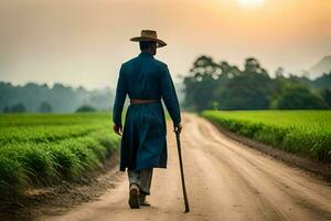 un hombre en un azul traje y sombrero caminando abajo un suciedad la carretera. generado por ai foto