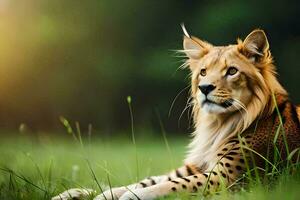 un leopardo es sentado en el césped. generado por ai foto