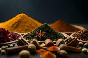 various spices and spices on a wooden table. AI-Generated photo