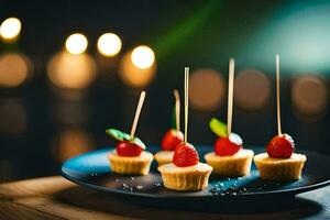 small cupcakes with strawberries on toothpicks on a black plate. AI-Generated photo